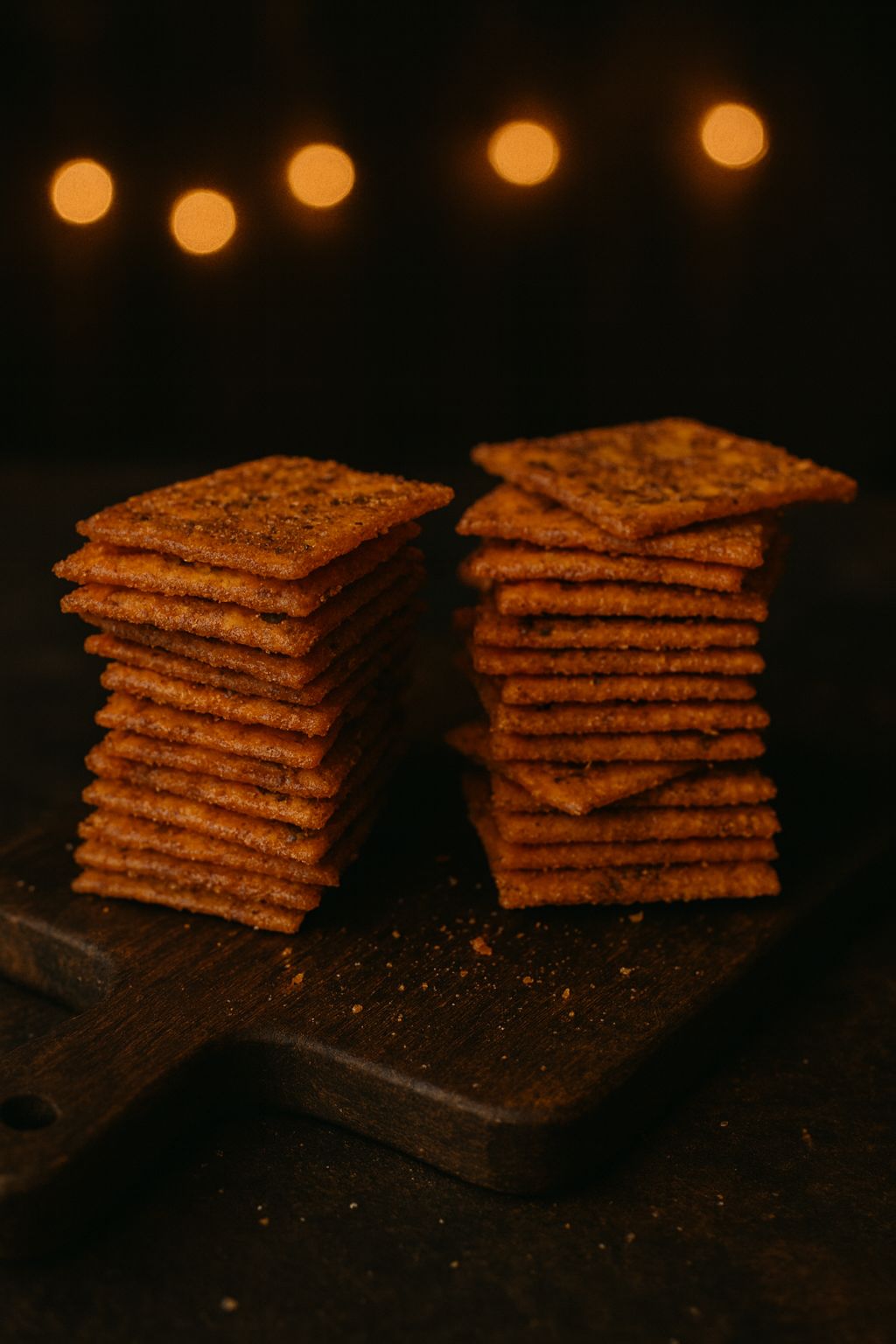 Stacks of Cajun Crackers on a dark surface with warm lighting