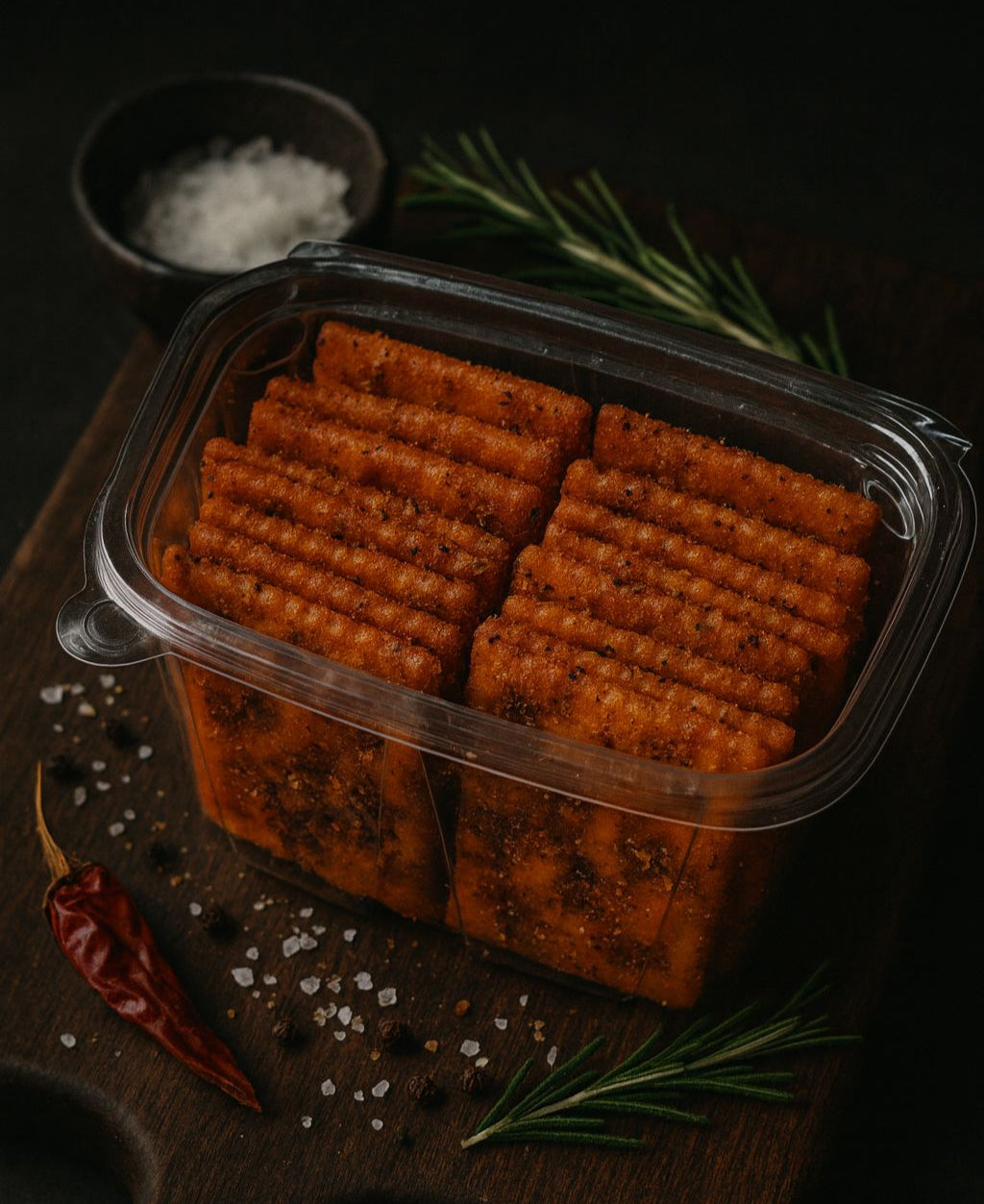 Uncle Curt's Cajun Crackers on a dark surface with herbs and spices